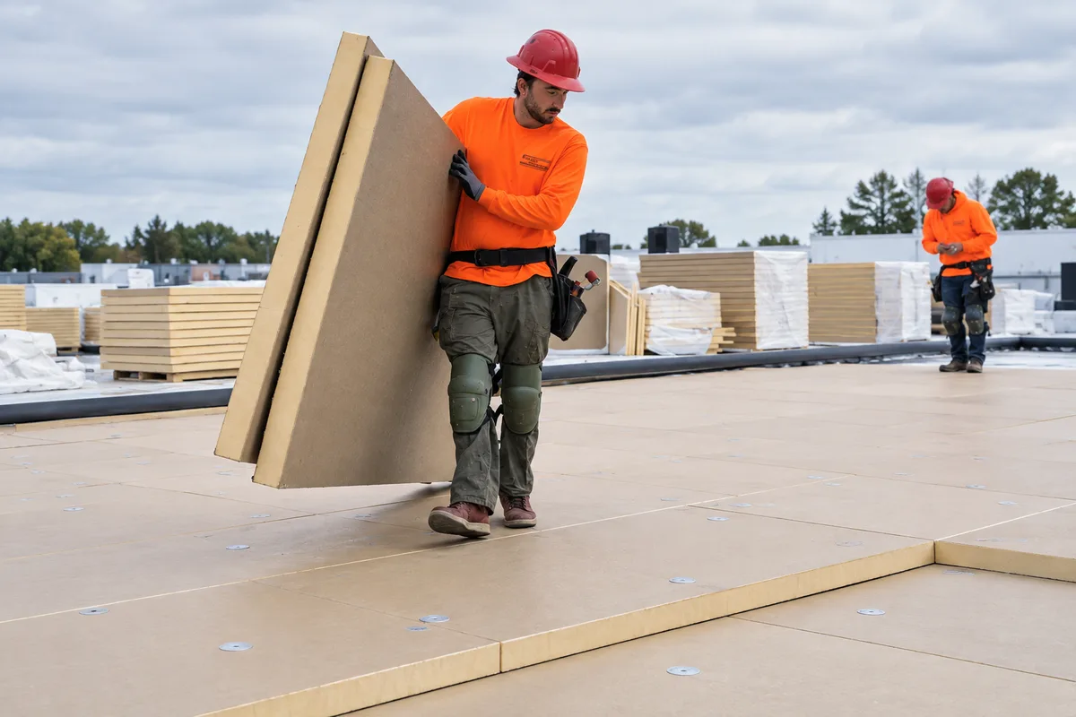 Commercial roofing crew in hard hats carrying cover board across a roof during installation