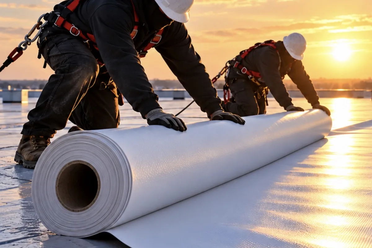 Two roofers in fall-protection harnesses unrolling white single-ply membrane at sunset