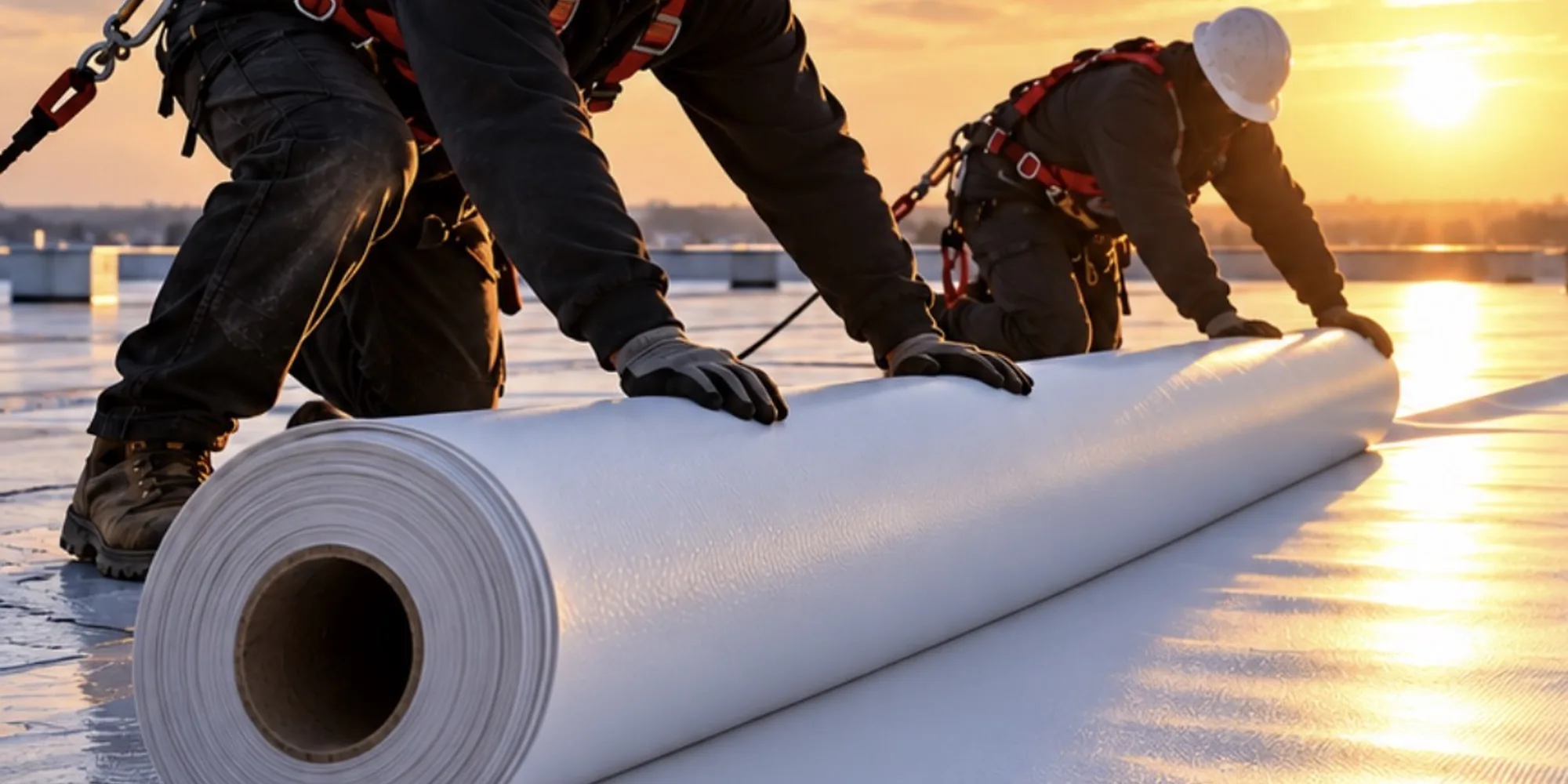Roofing crew unrolling white single-ply membrane on a Corpus Christi commercial roof