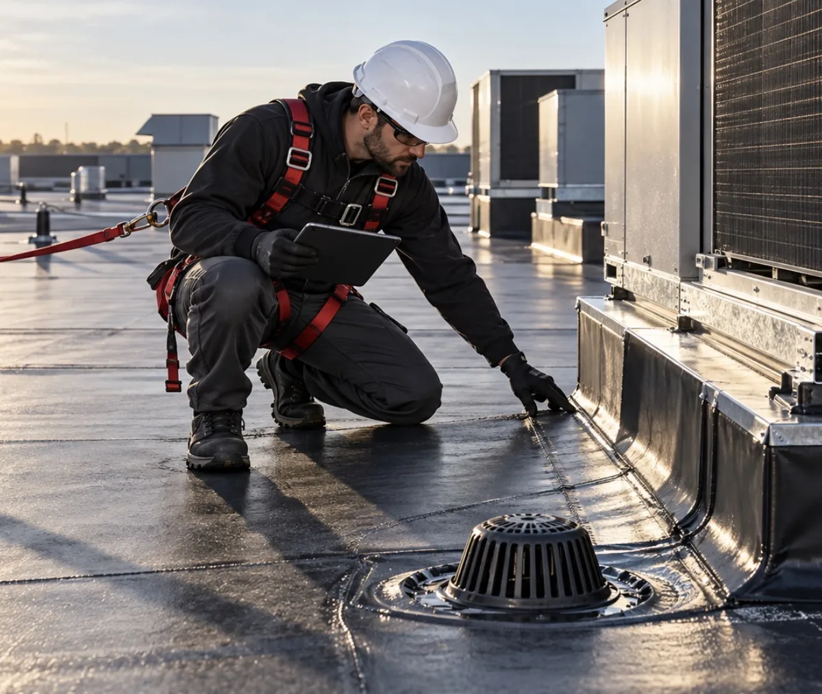 Roof inspector in a safety harness checking a roof drain and HVAC curb flashing on a commercial roof