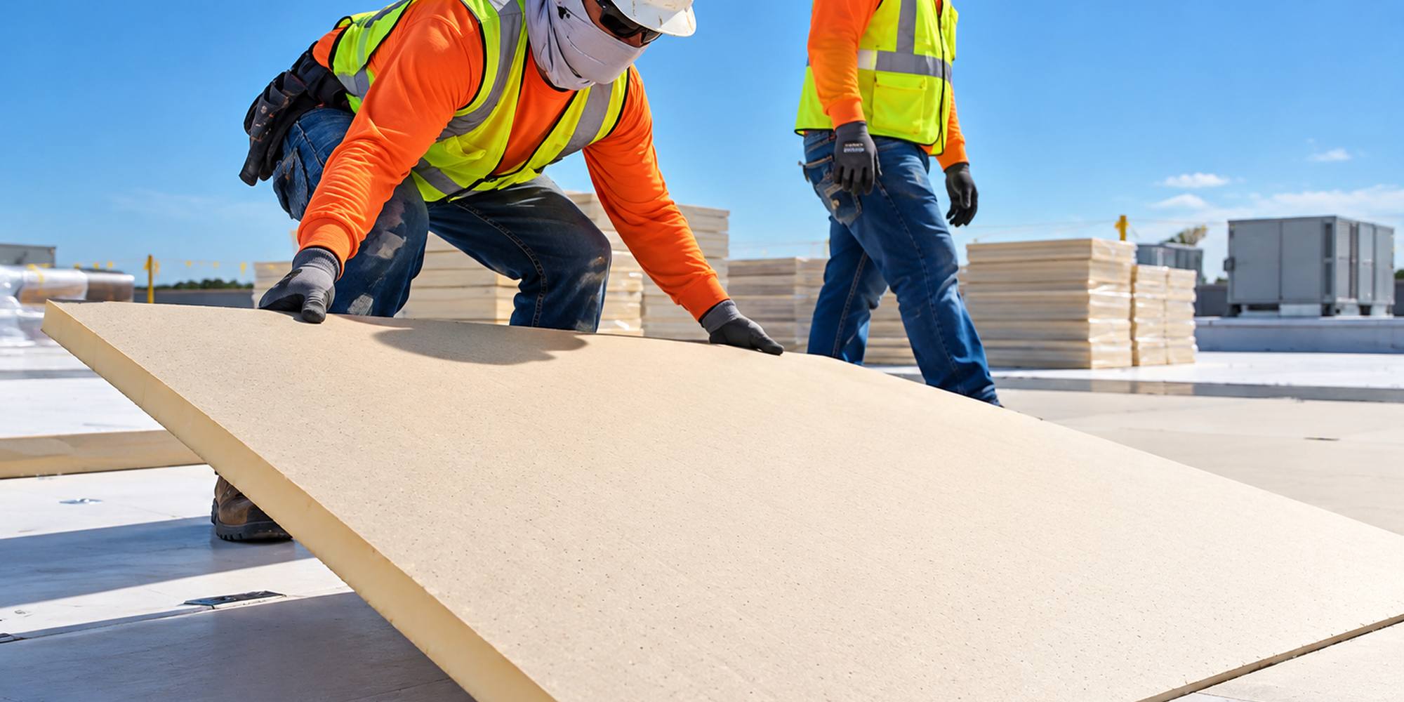 Two roofers laying insulation board on a commercial roof deck