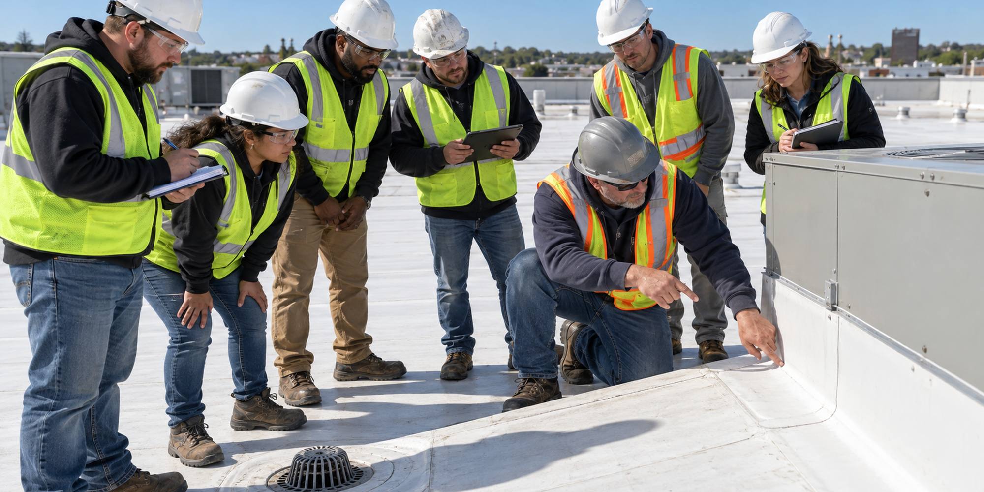 Roofing supervisor pointing out a roof drain detail to the crew on a white membrane roof