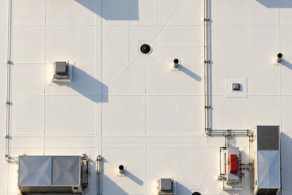 Overhead view of a clean white membrane roof with rooftop HVAC units